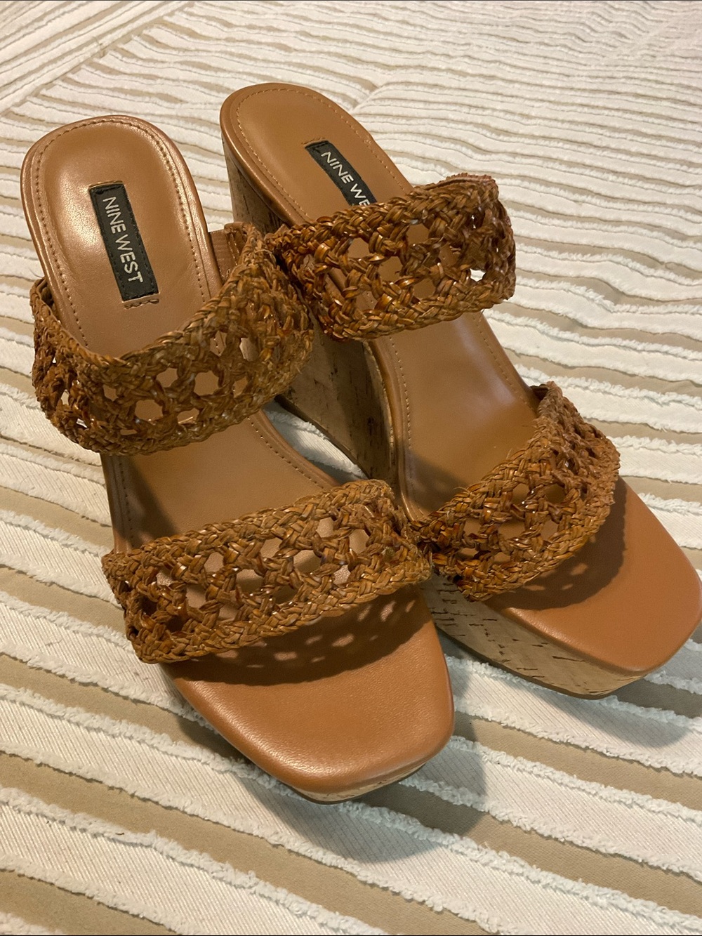 Nine West Brown Woven Cork Platform Wedges